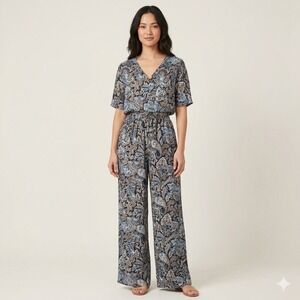 J McLaughlin Marea Wide Leg Jumpsuit Black Blue Paisley Print Silk Size Medium